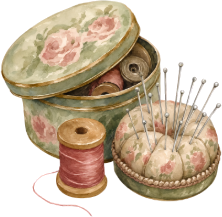 Vintage thread tin and pin cushion artwork